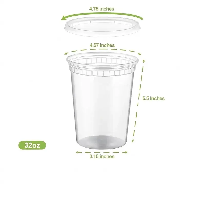 Stack of clear 32 oz deli containers with white lids