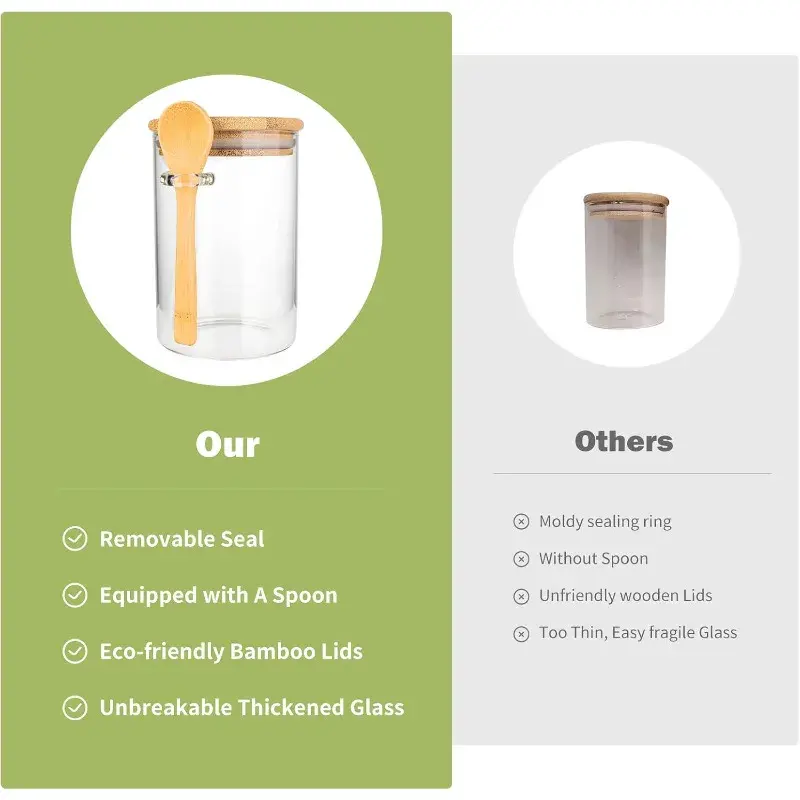 Two glass jars with wooden spoons and lids