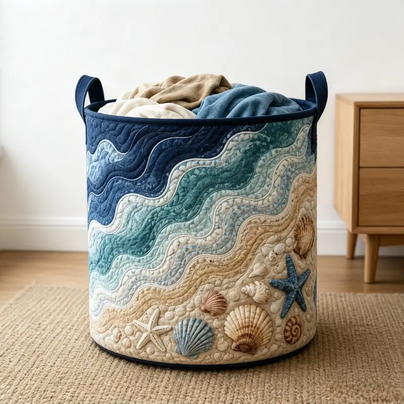 Round quilted laundry hamper with handles in a bedroom