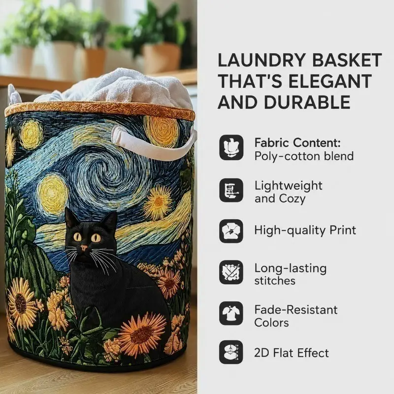 Round quilted laundry hamper with handles in a bedroom