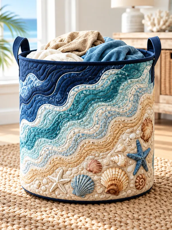 Round quilted laundry hamper with handles in a bedroom