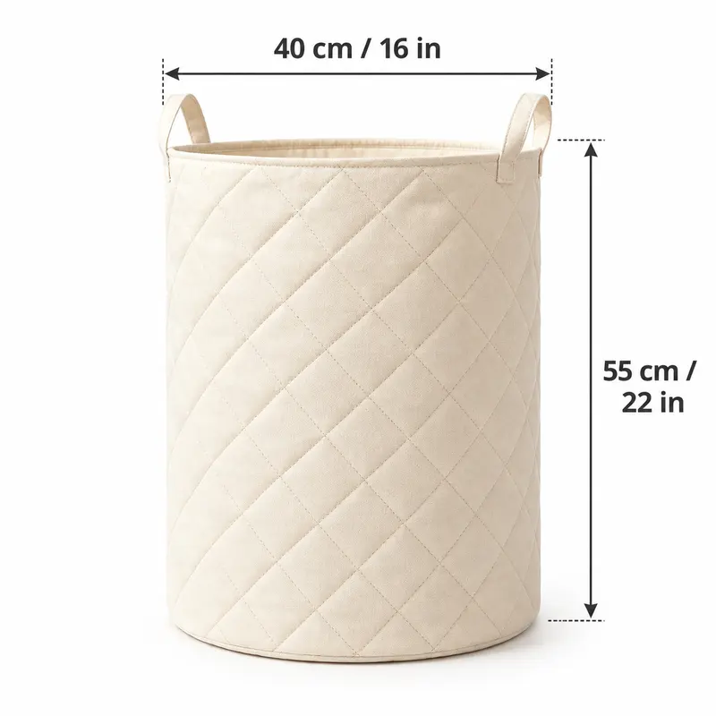 Round quilted laundry hamper with handles in a bedroom