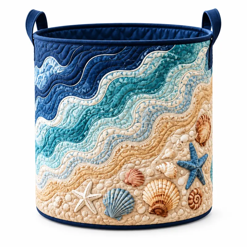 Round quilted laundry hamper with handles in a bedroom