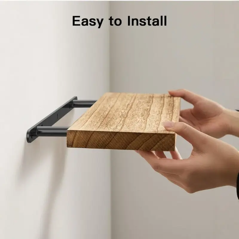 Wood floating shelf mounted on a bathroom wall