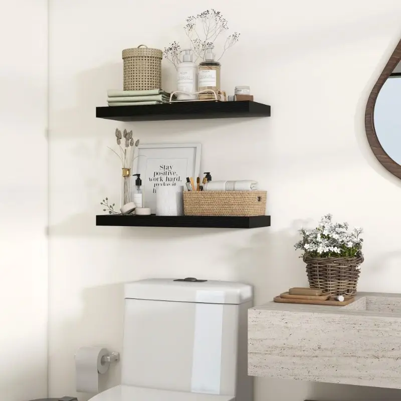 Wood floating shelf mounted on a bathroom wall