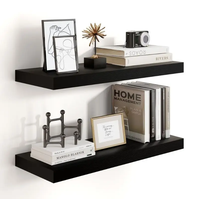 Wood floating shelf mounted on a bathroom wall