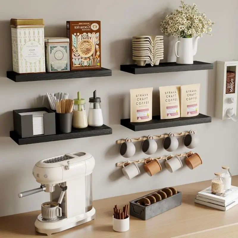 Wood floating shelf mounted on a bathroom wall