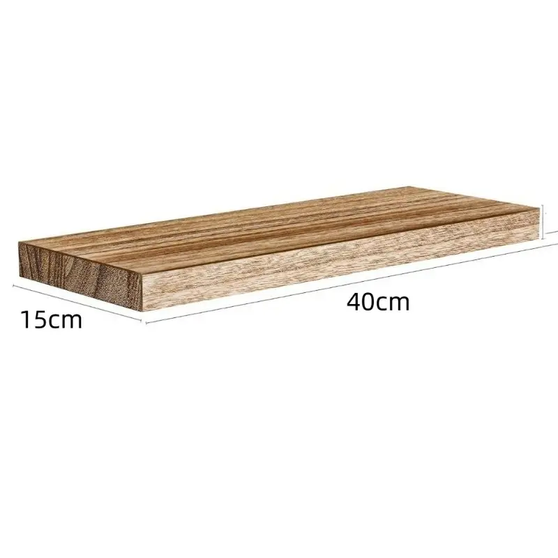 Wood floating shelf mounted on a bathroom wall