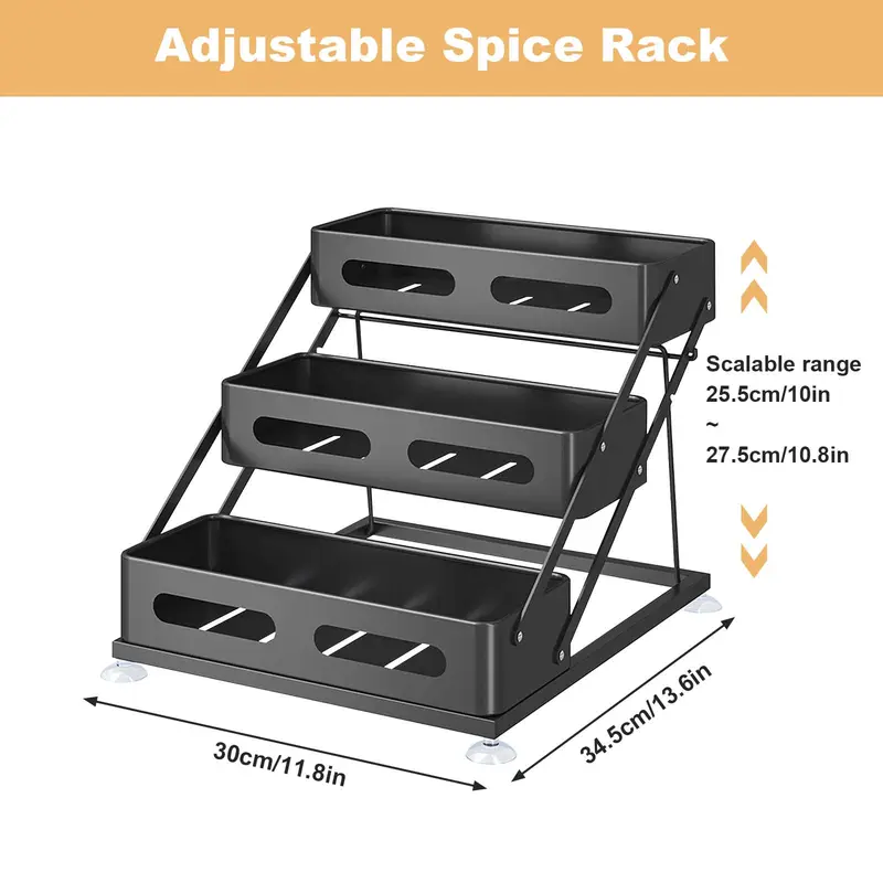 Black three-tier spice rack filled with seasoning bottles