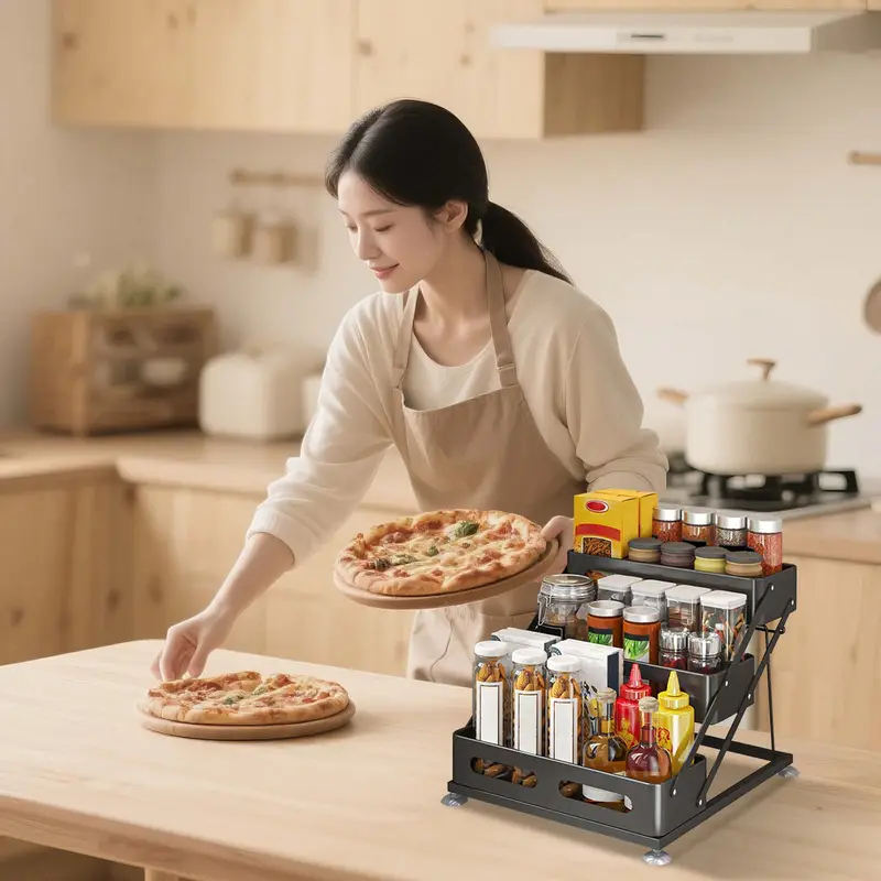 Black three-tier spice rack filled with seasoning bottles