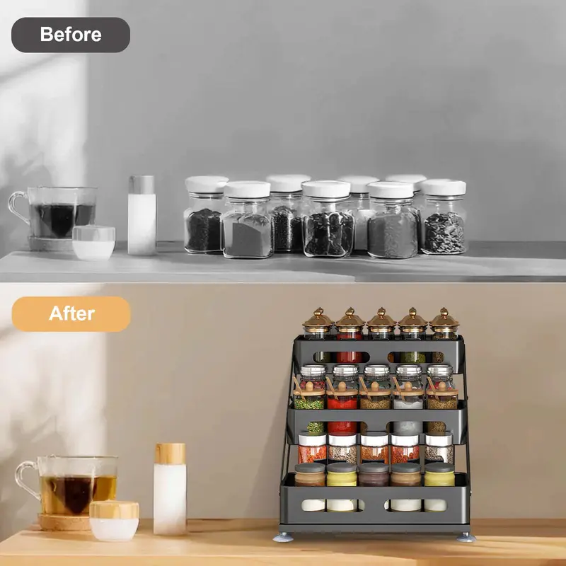 Black three-tier spice rack filled with seasoning bottles