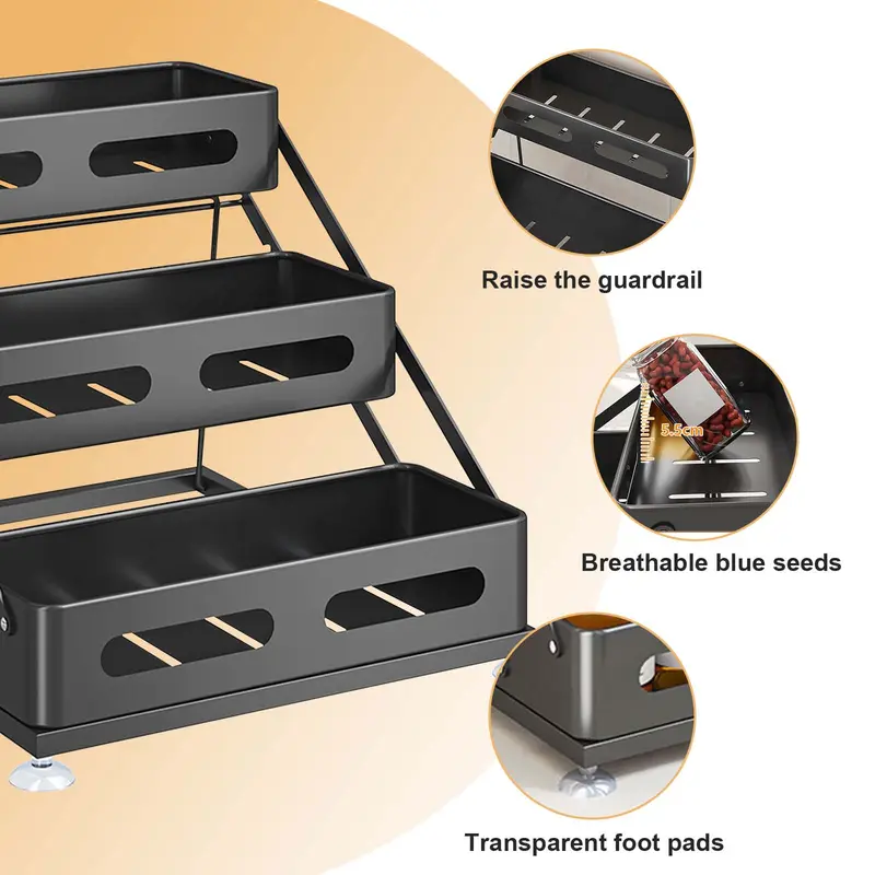 Black three-tier spice rack filled with seasoning bottles