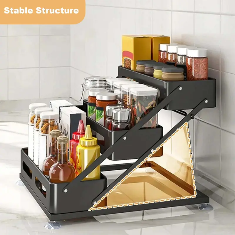 Black three-tier spice rack filled with seasoning bottles