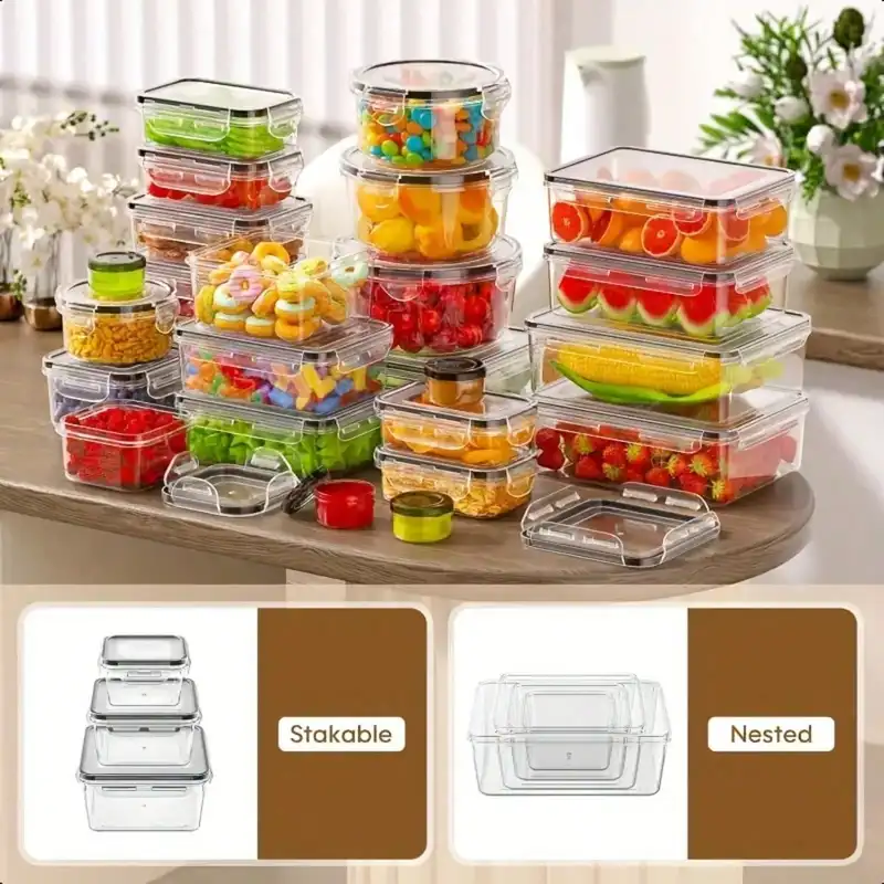 Round and rectangular food storage containers with airtight lids