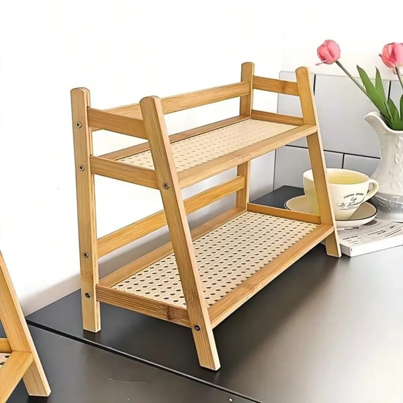 Two-tier bamboo rack with a woven rattan shelf on a counter