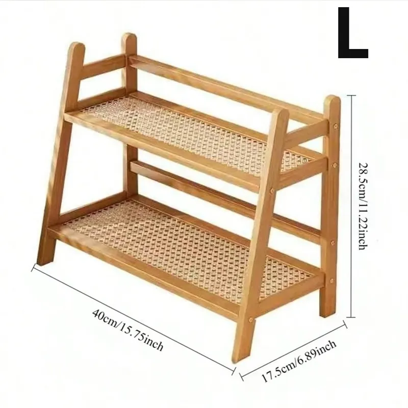 Two-tier bamboo rack with a woven rattan shelf on a counter