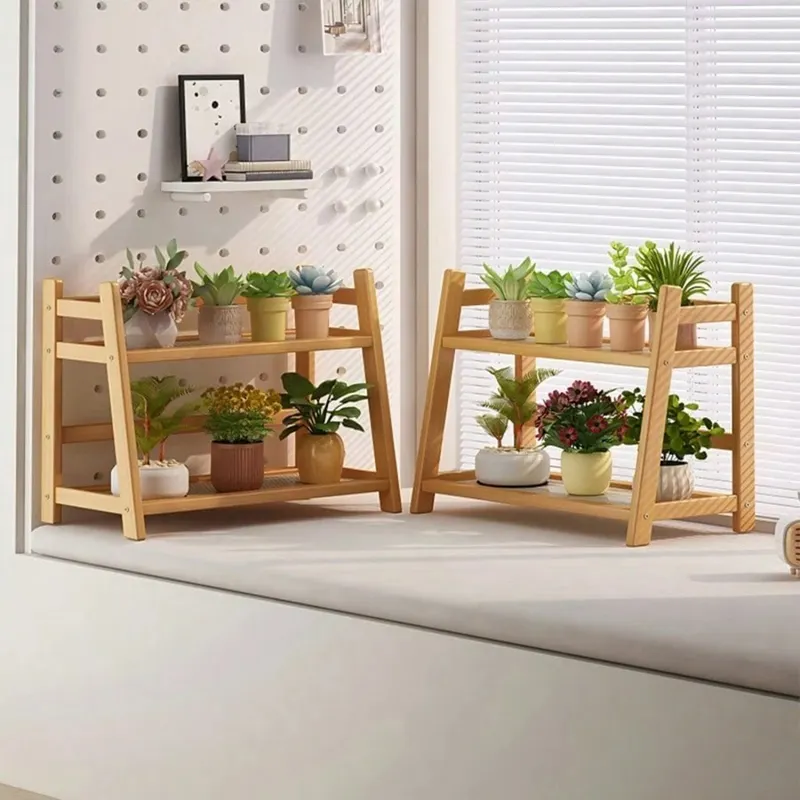 Two-tier bamboo rack with a woven rattan shelf on a counter
