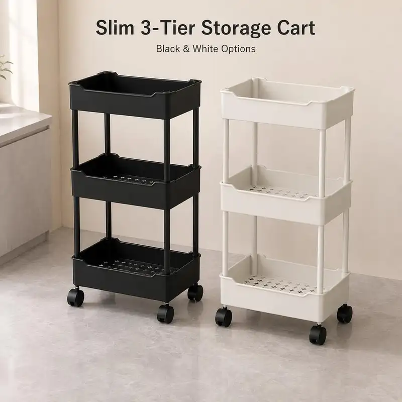 Slim black three-tier rolling cart with wheels