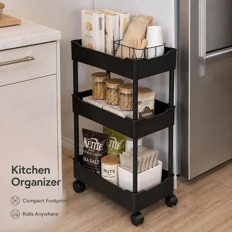 Slim black three-tier rolling cart with wheels