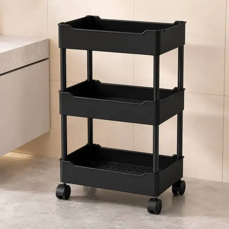 Slim black three-tier rolling cart with wheels