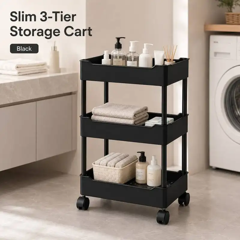 Slim black three-tier rolling cart with wheels