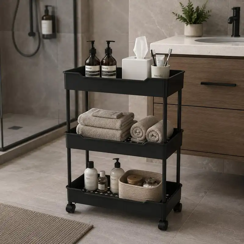 Slim black three-tier rolling cart with wheels