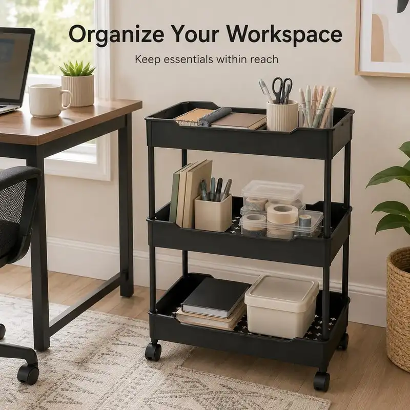 Slim black three-tier rolling cart with wheels