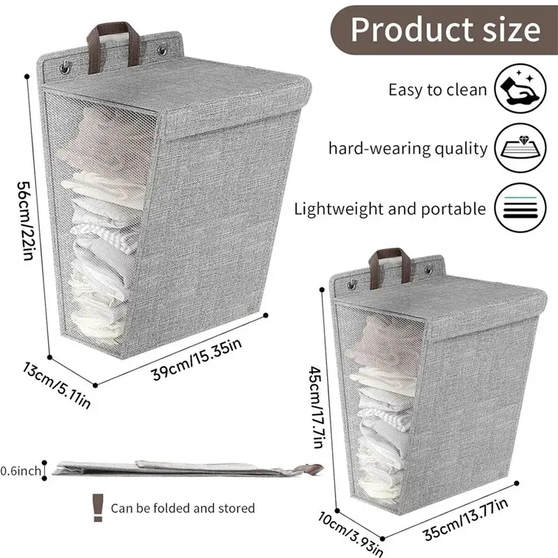 Gray foldable laundry hamper hanging on a bathroom wall
