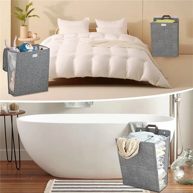 Gray foldable laundry hamper hanging on a bathroom wall