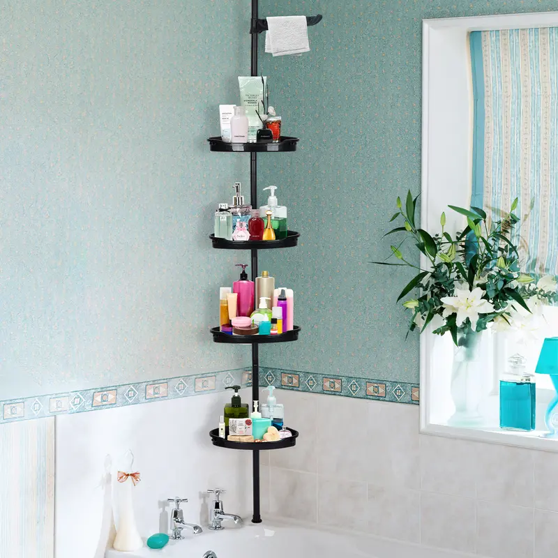 White and black four-tier tension pole shower caddy