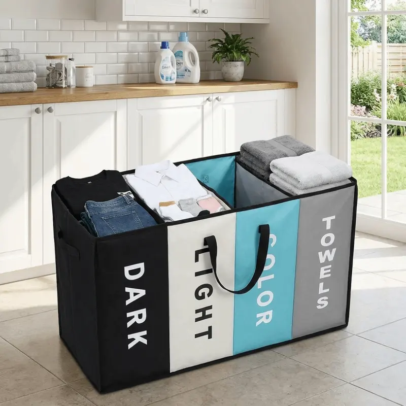 Four-section folding Oxford laundry sorter with handles
