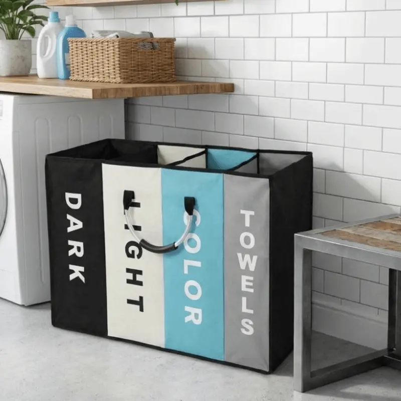 Four-section folding Oxford laundry sorter with handles