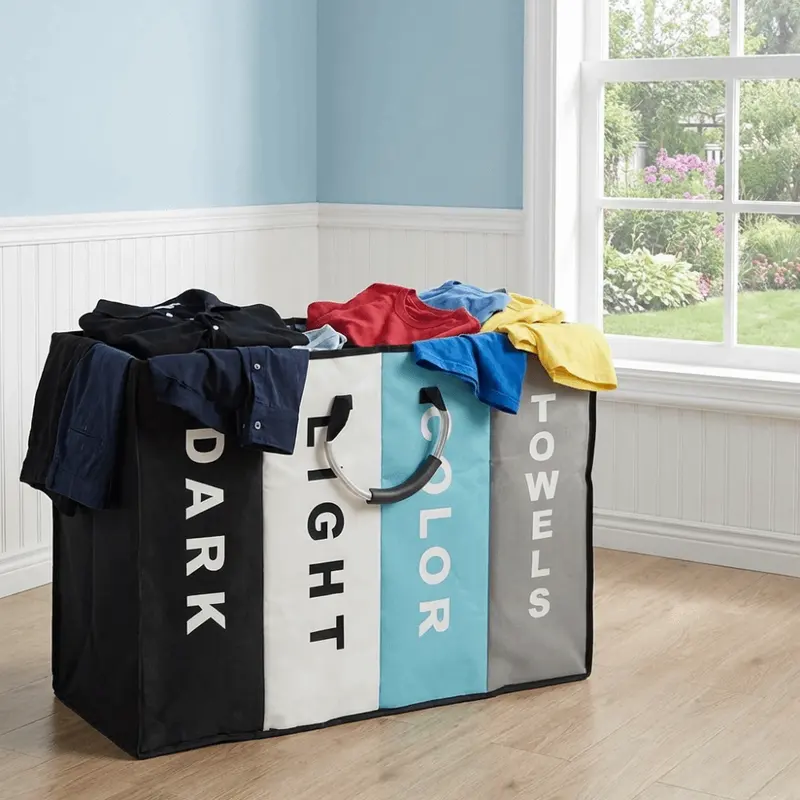 Four-section folding Oxford laundry sorter with handles