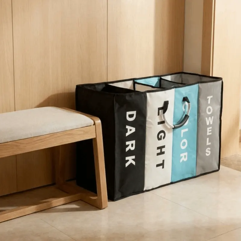 Four-section folding Oxford laundry sorter with handles