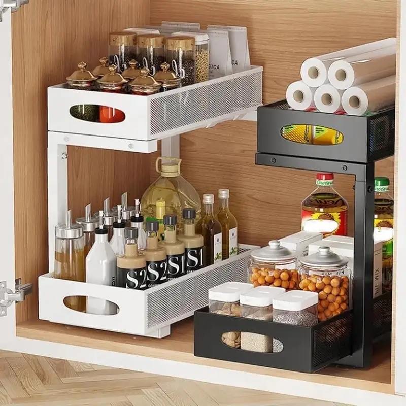 Two-tier steel under sink organizer with slide-out mesh baskets