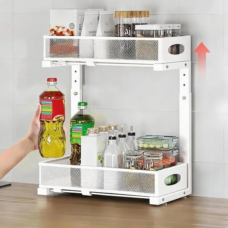 Two-tier steel under sink organizer with slide-out mesh baskets