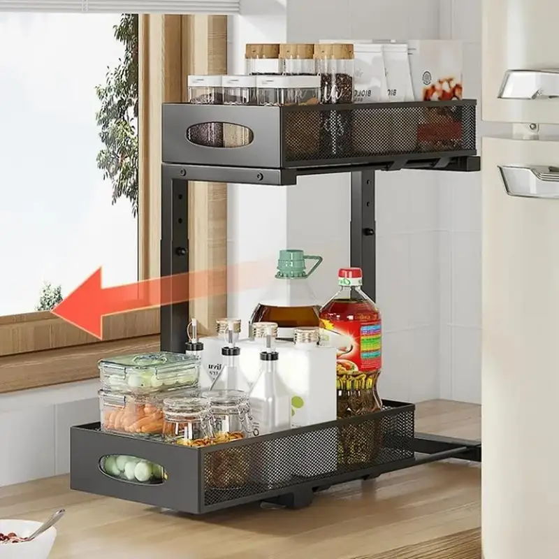 Two-tier steel under sink organizer with slide-out mesh baskets