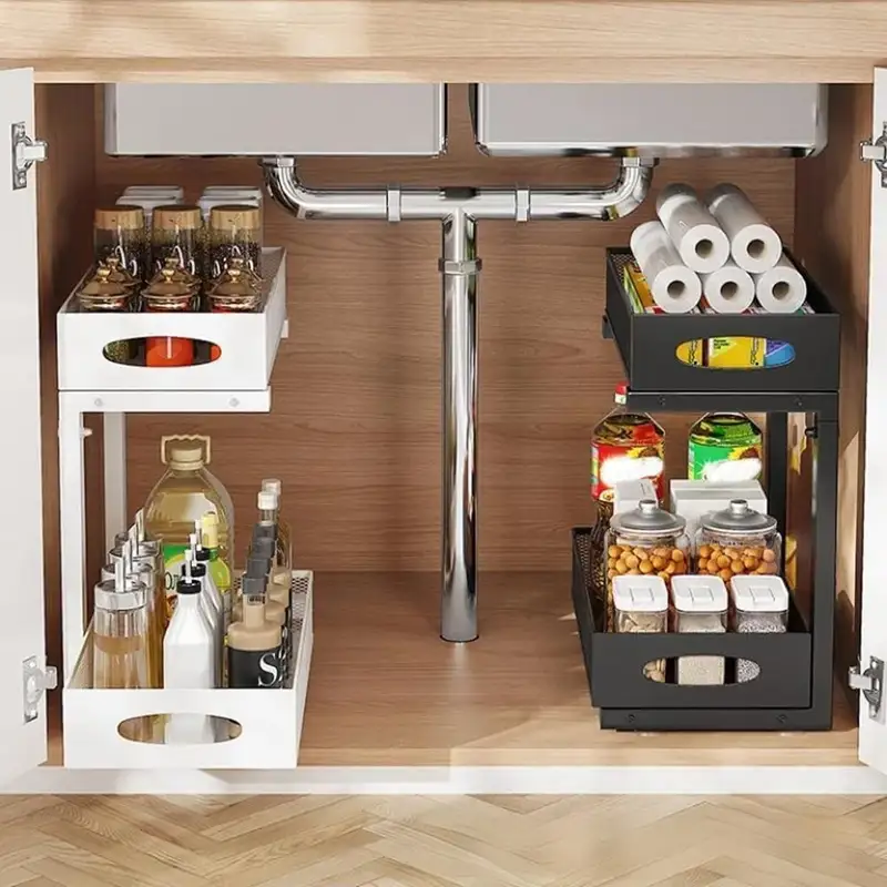 Two-tier steel under sink organizer with slide-out mesh baskets