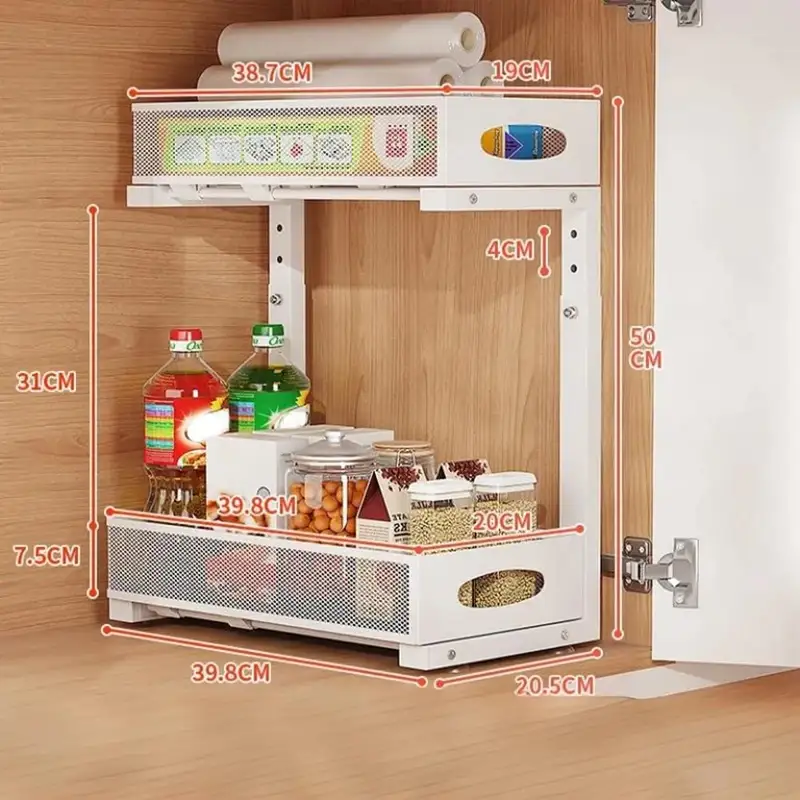 Two-tier steel under sink organizer with slide-out mesh baskets