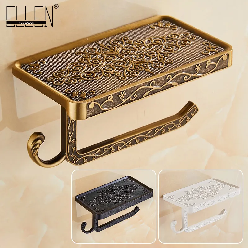 Antique bronze carved toilet paper holder with a phone shelf