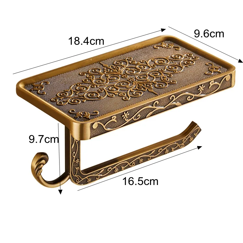 Antique bronze carved toilet paper holder with a phone shelf
