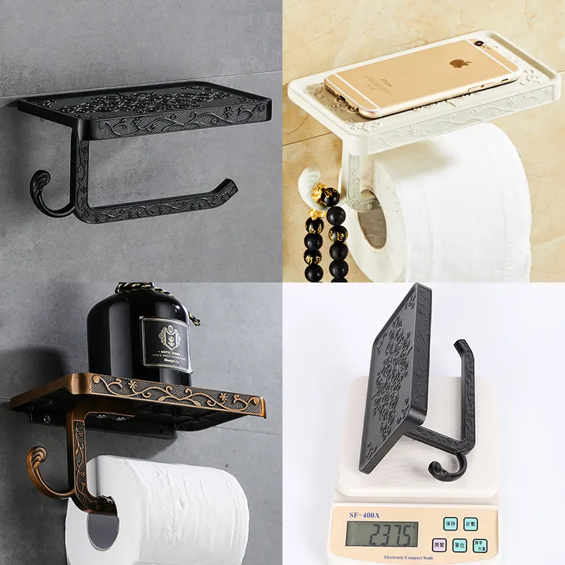 Antique bronze carved toilet paper holder with a phone shelf