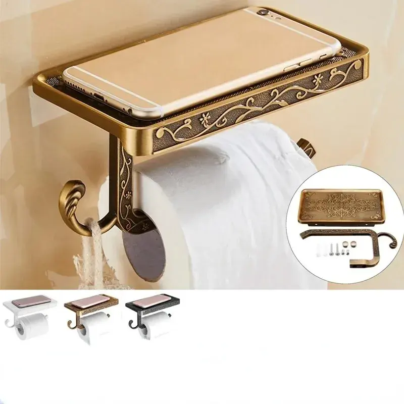 Black carved toilet paper holder with a phone shelf