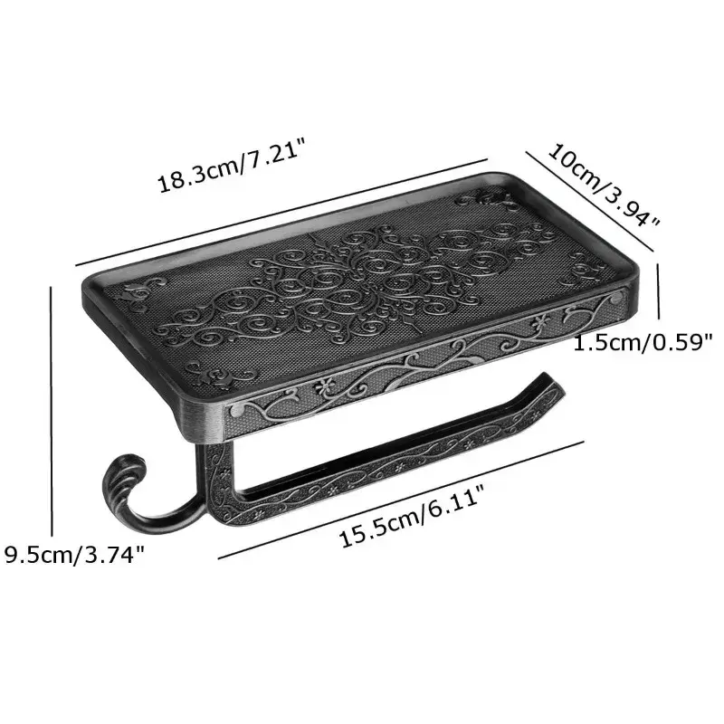 Black carved toilet paper holder with a phone shelf