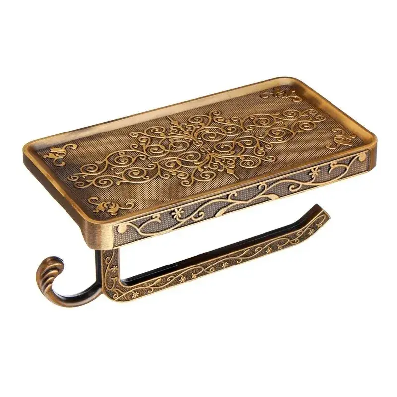 Black carved toilet paper holder with a phone shelf