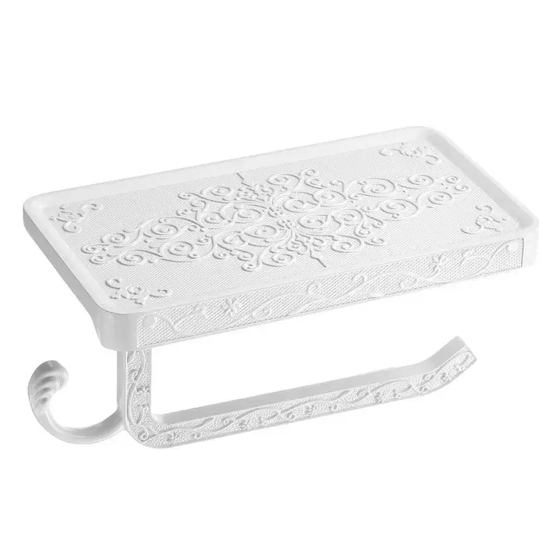 Black carved toilet paper holder with a phone shelf