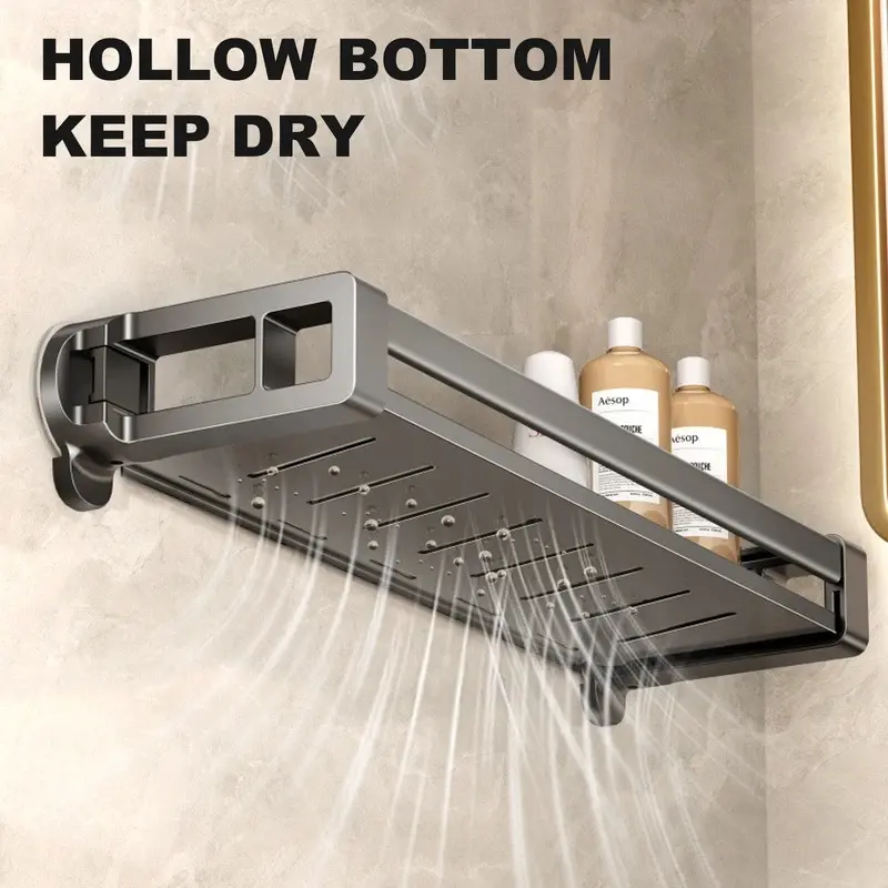 Grey aluminum shower basket on suction cups with bottles