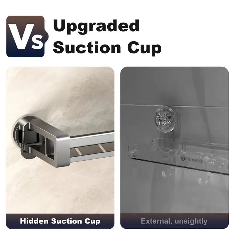 Grey aluminum shower basket on suction cups with bottles