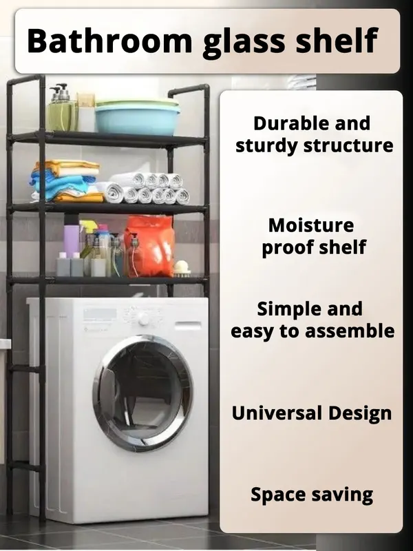 White floor-standing storage rack over a washing machine