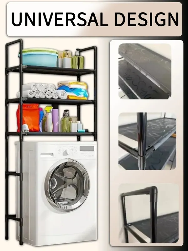 White floor-standing storage rack over a washing machine
